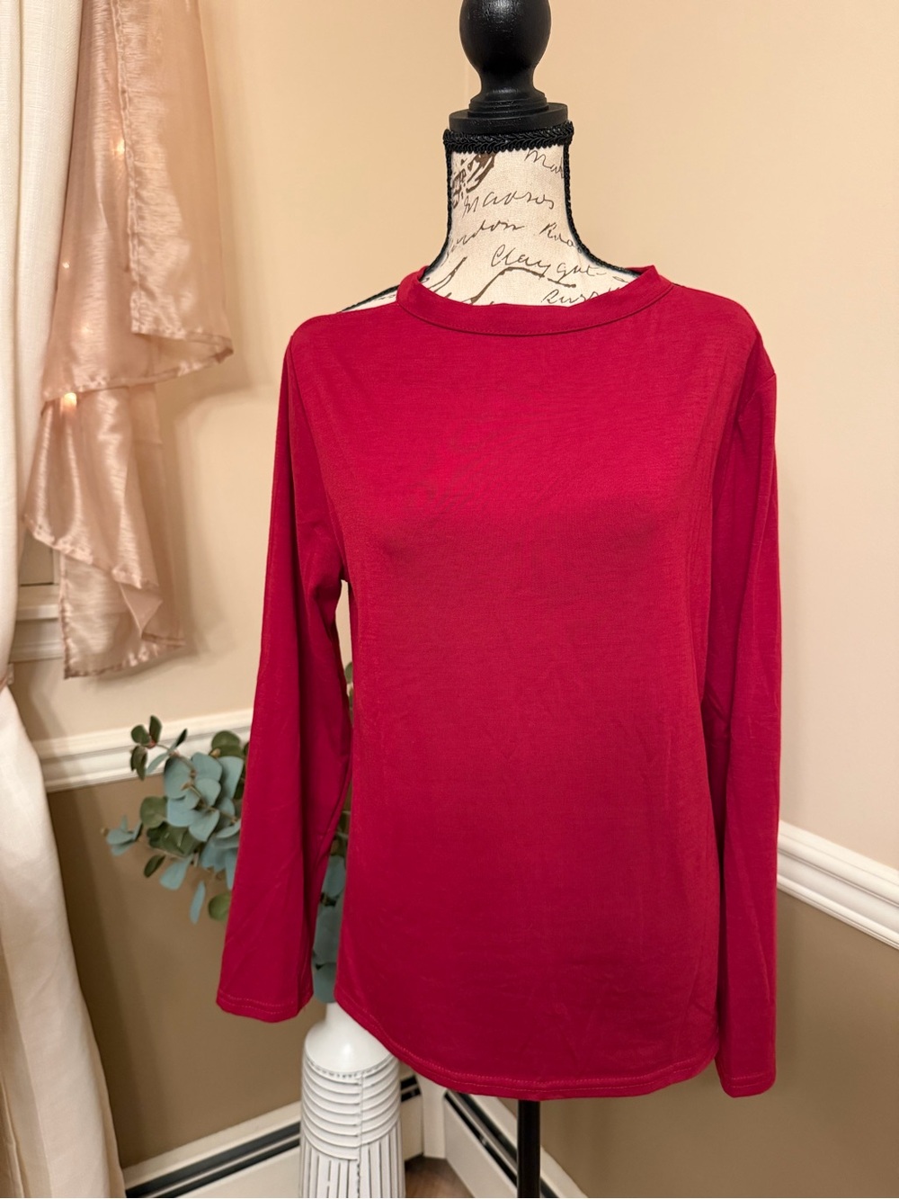 Burgundy Open Back Cross Strap Long Sleeve Top Size L